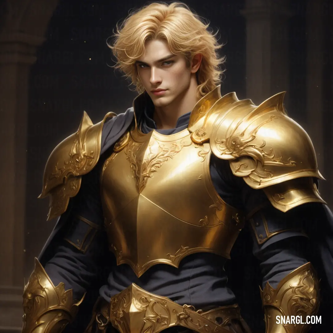 Paladin in a gold armor with a sword in his hand and a black cape on his shoulder