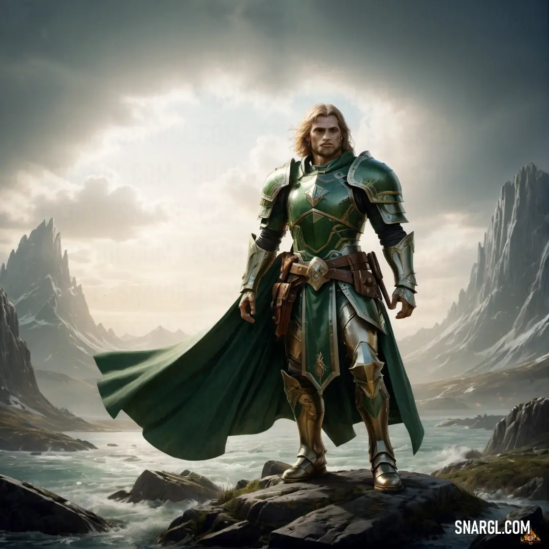 Paladin in a green suit standing on a rock in the water with mountains in the background and a cloudy sky