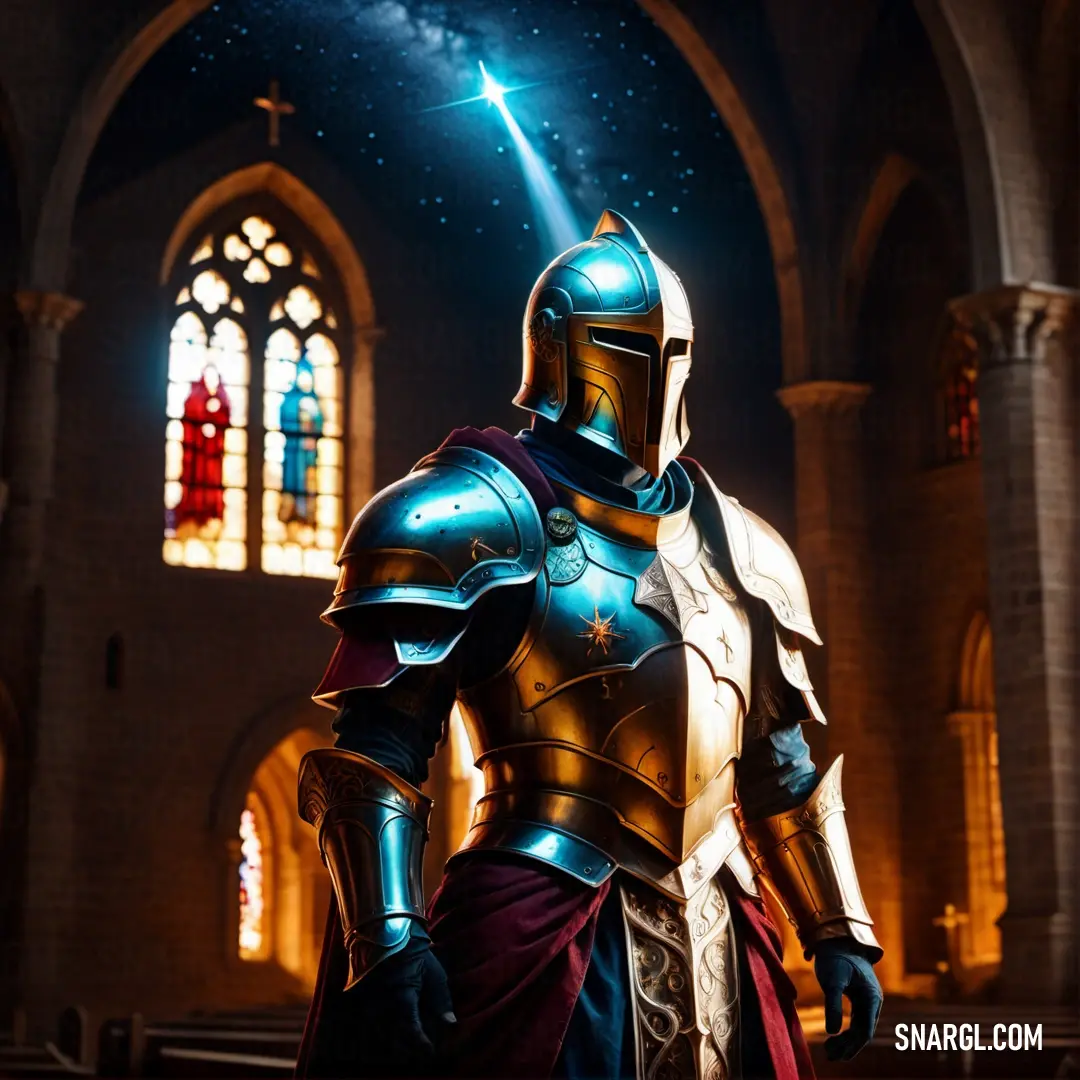 Paladin in a knight suit standing in a church with a sword in his hand