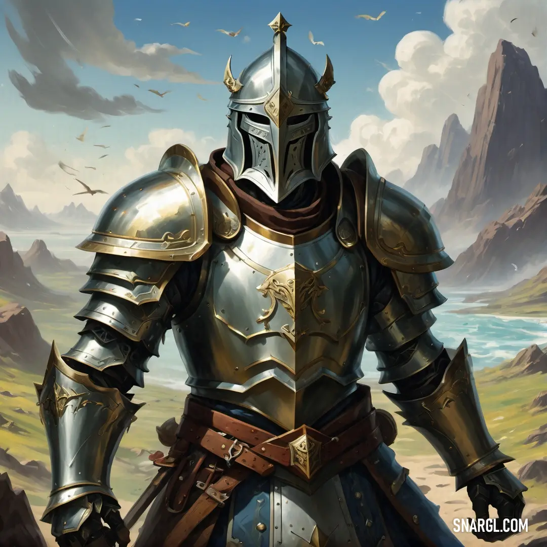 Paladin in a suit of armor standing in a field with mountains in the background