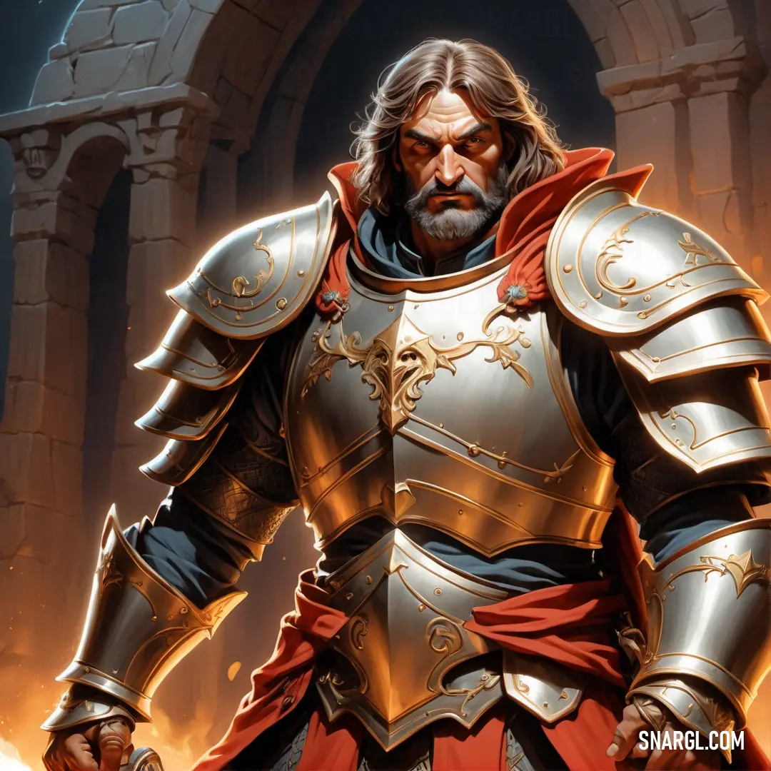 Paladin in a suit of armor standing in front of a castle door with flames coming out of it