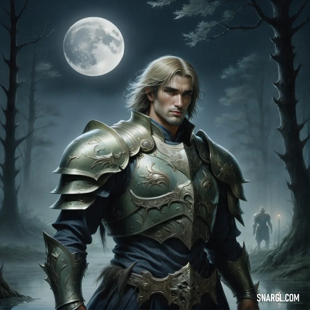 Paladin in armor standing in a forest under a full moon with a full moon behind him