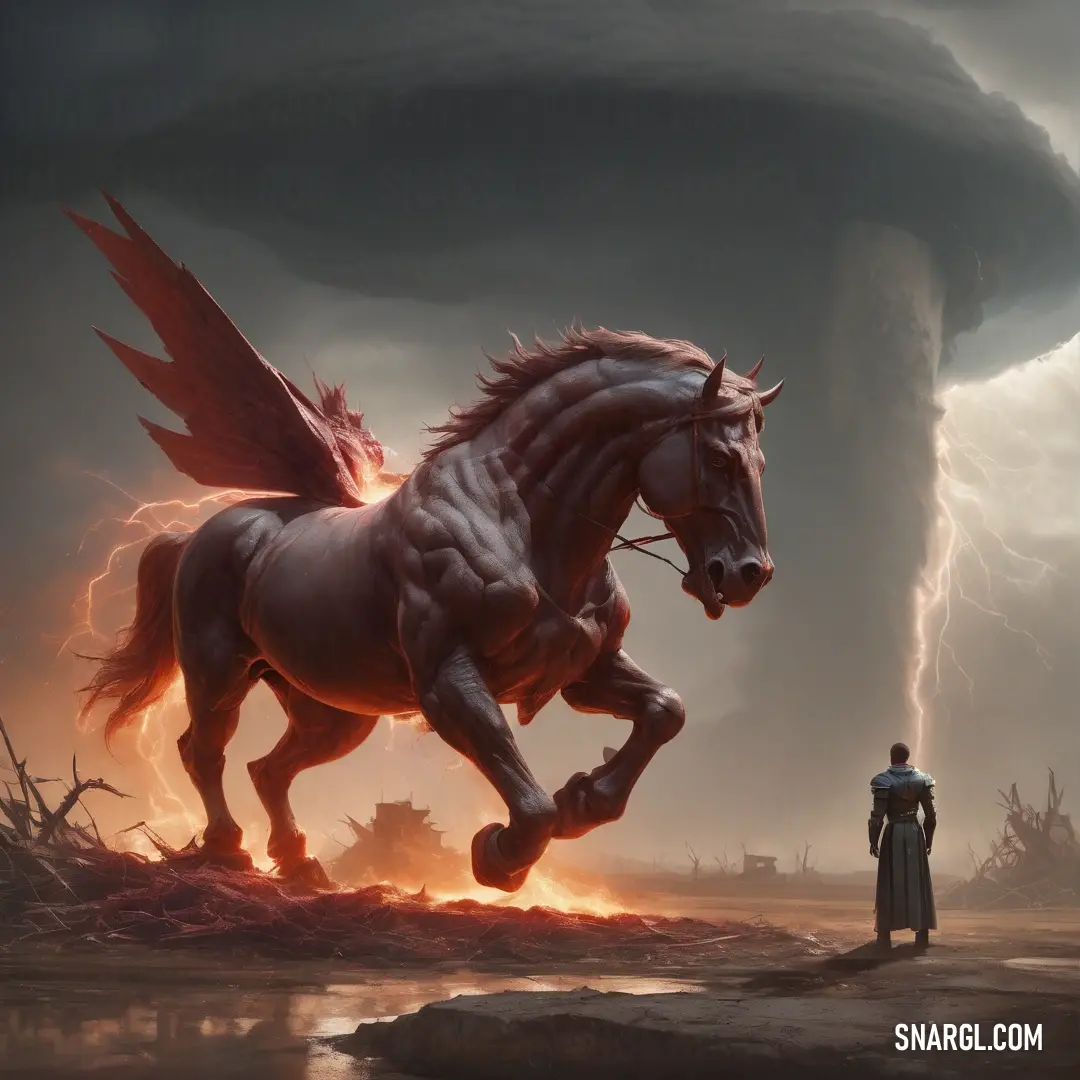 Paladin standing next to a horse in a field with a huge tornado in the background