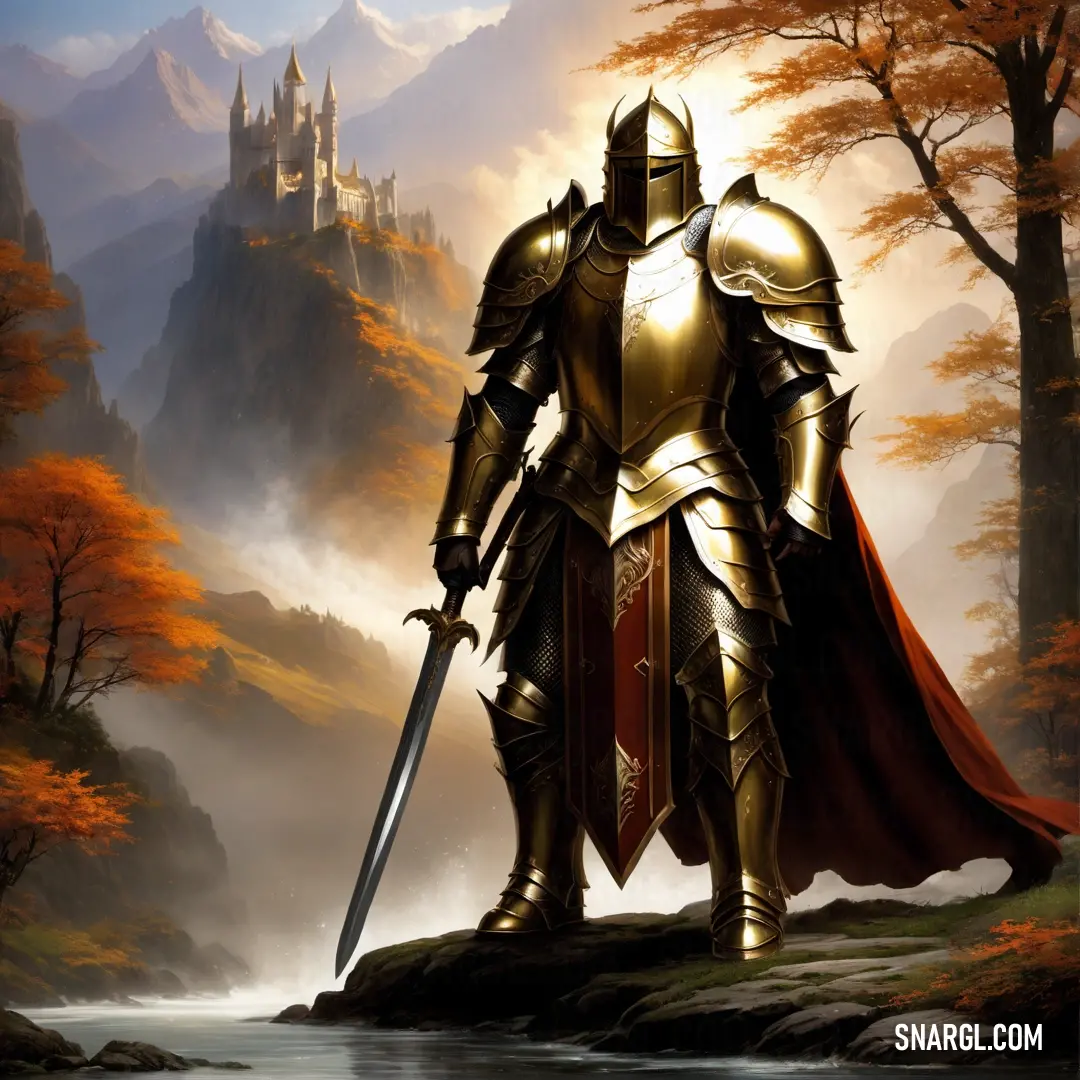 Painting of a knight standing on a hill with a sword in his hand and a castle in the background