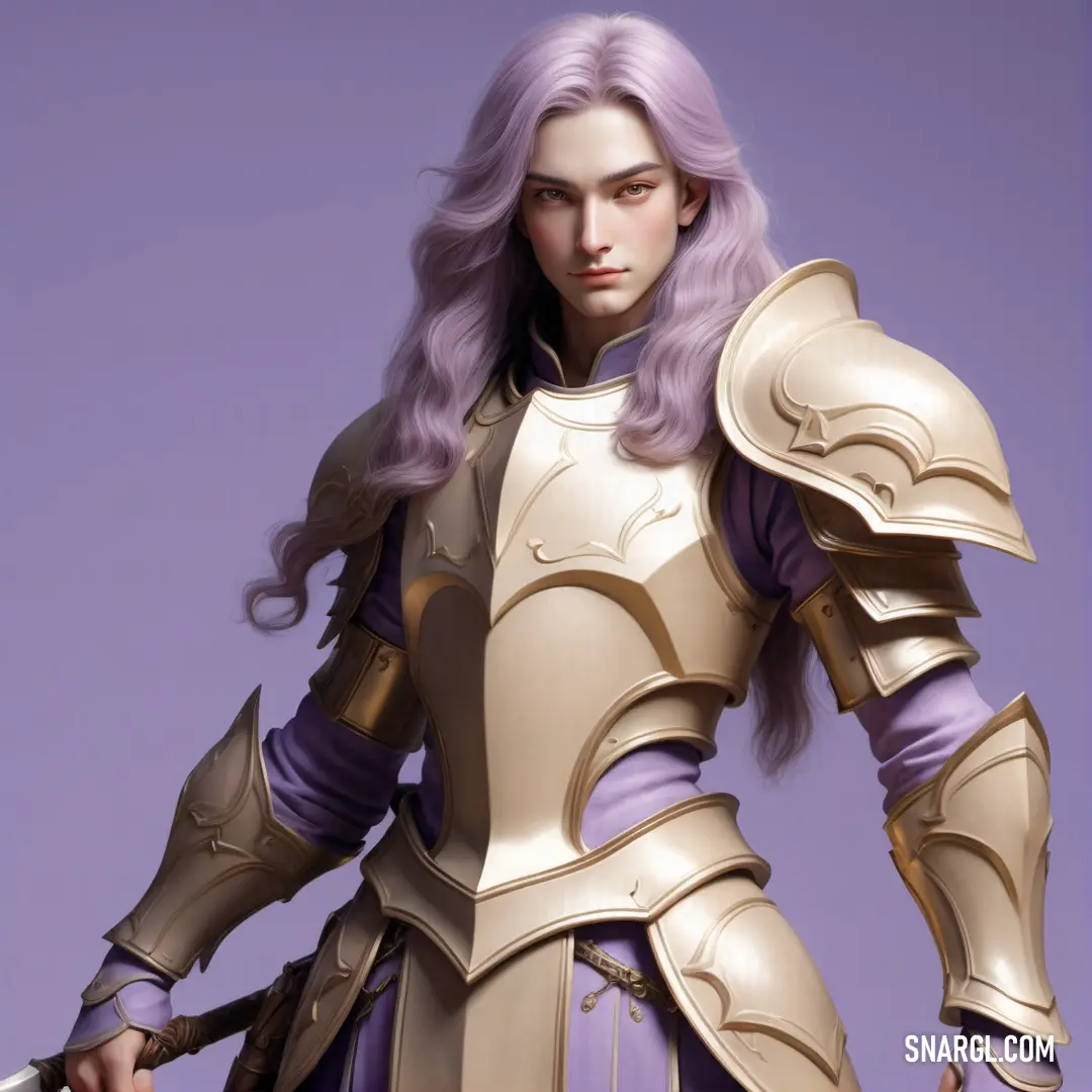 Paladin in a armor with a sword in her hand and a purple background