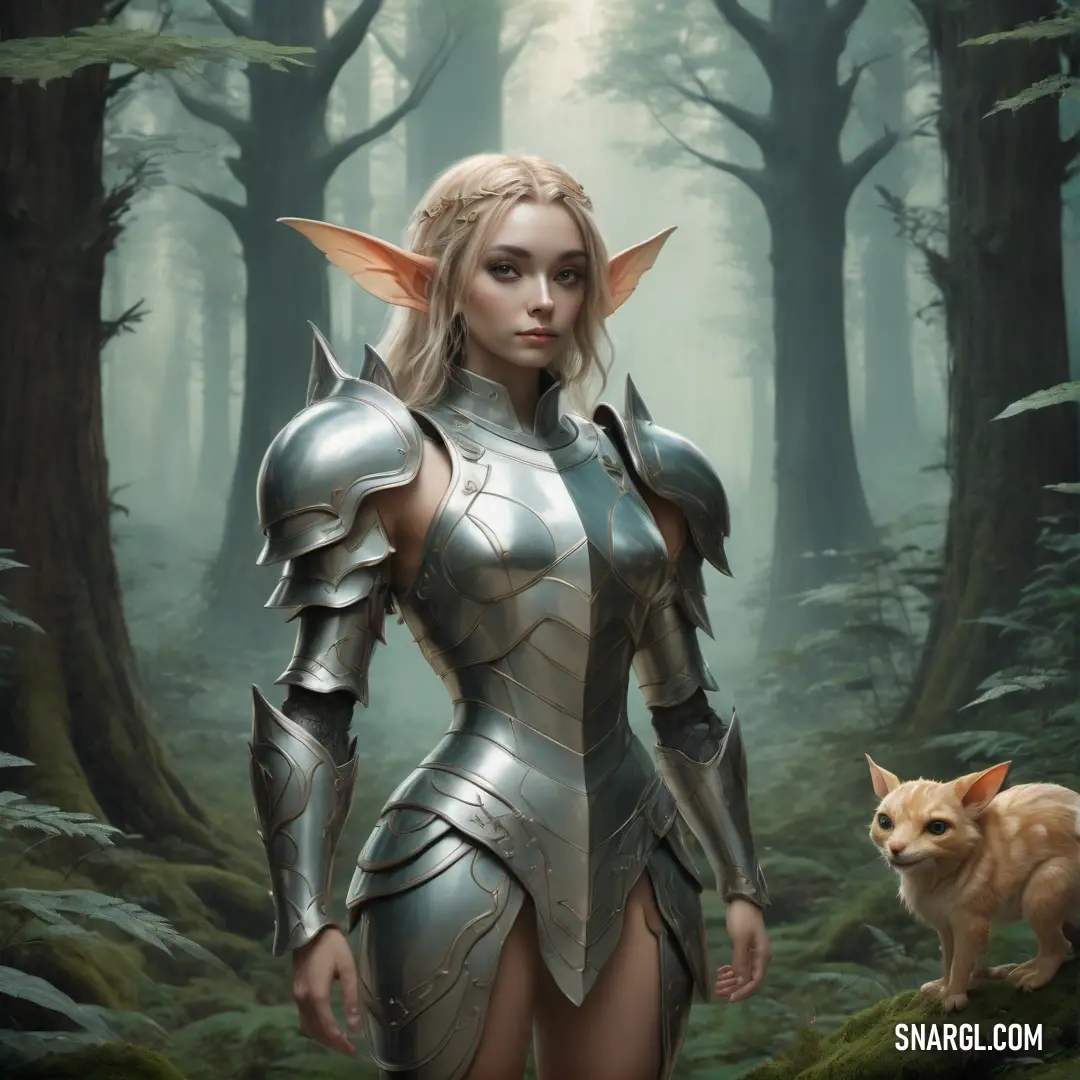 Paladin in a forest with a cat in her hand and a dog in the foreground