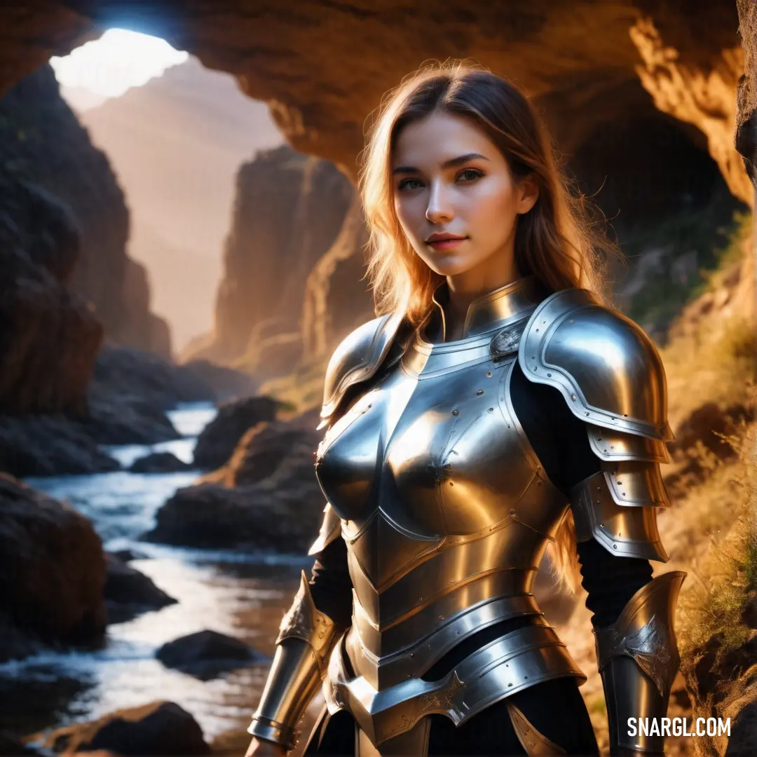 Paladin in a futuristic suit standing in a cave by a river with a waterfall in the background