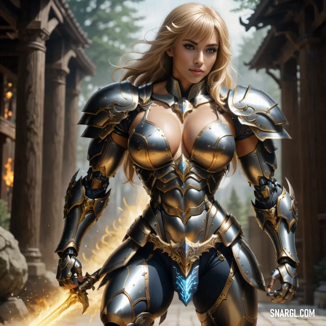 Paladin in armor holding a sword in a fantasy setting with a forest in the background