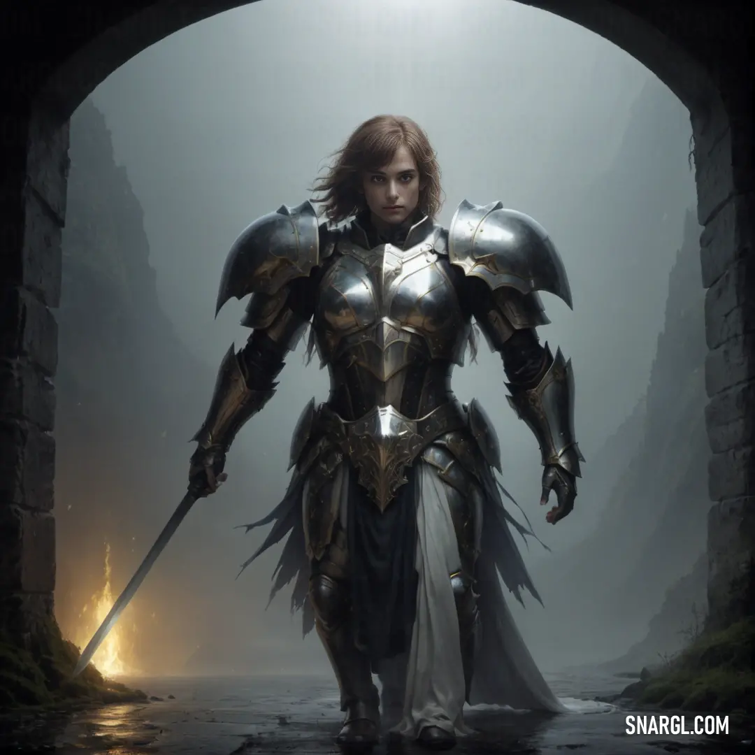 Paladin in armor holding a sword in a tunnel with a light shining through it and fog in the background