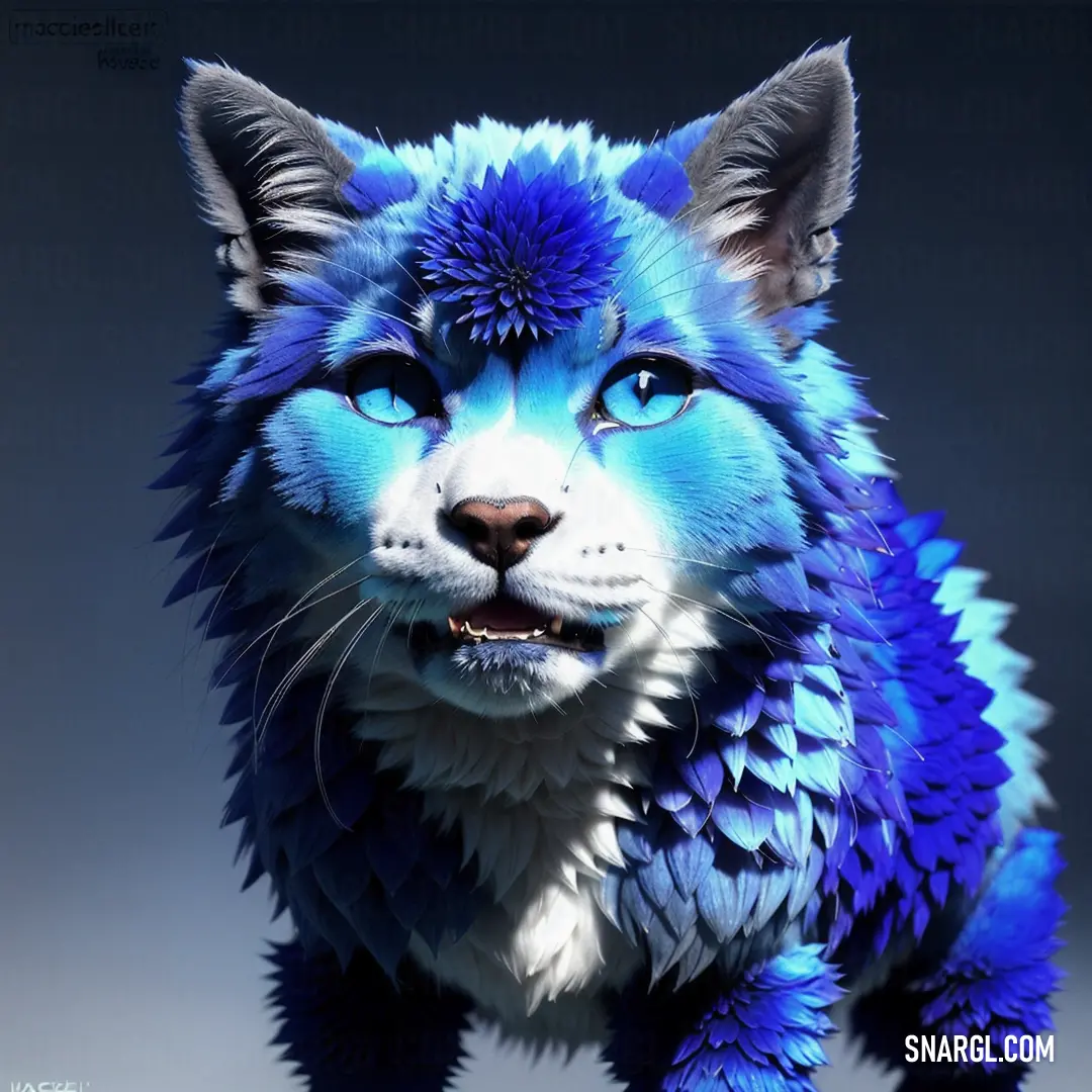 Blue and white wolf with blue eyes and a black nose and tail