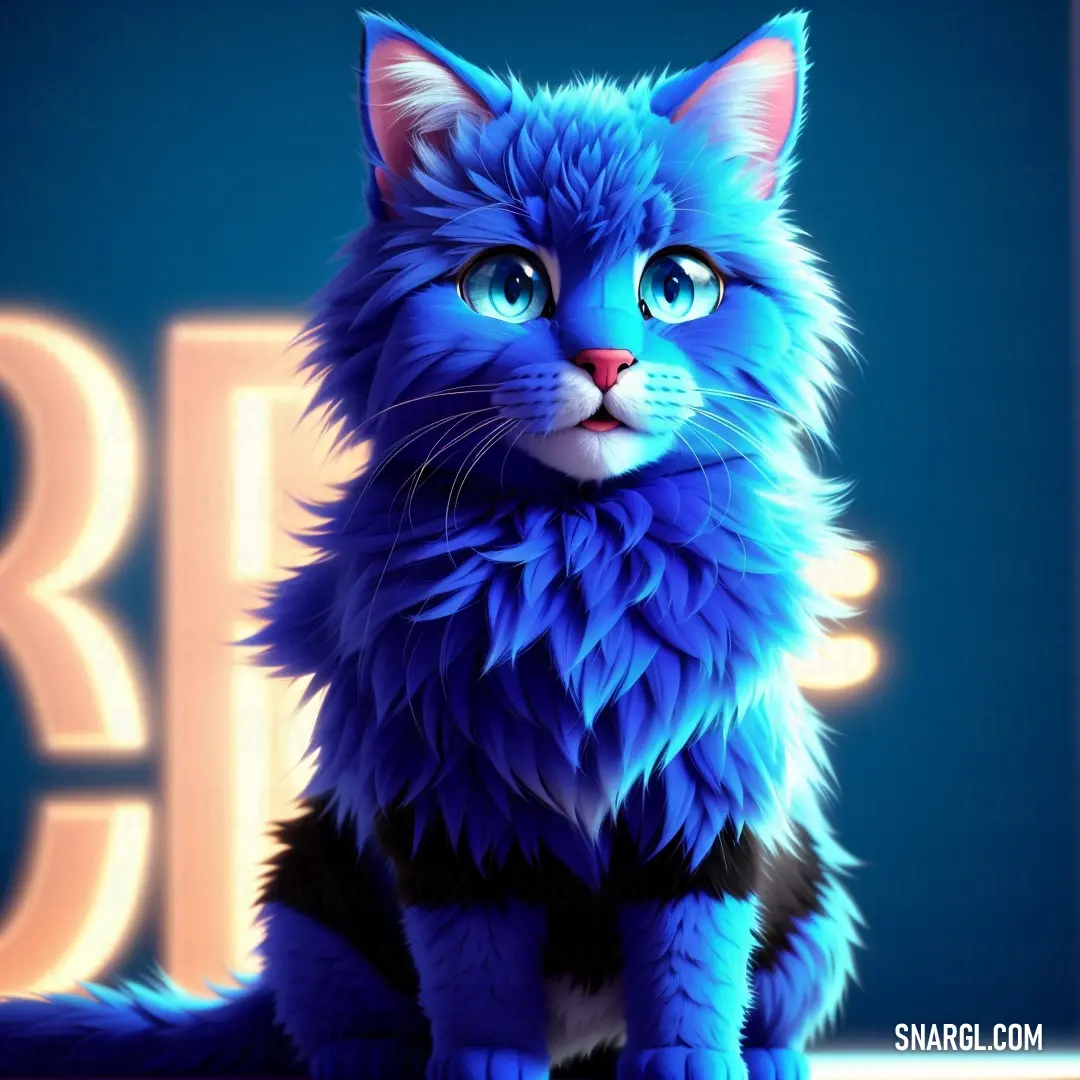 Blue cat on top of a table next to a blue wall and a blue light behind it. Example of CMYK 83,74,0,11 color.