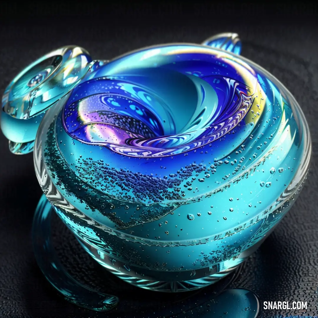 Blue glass object with a swirl design on it's surface and a spoon in front of it