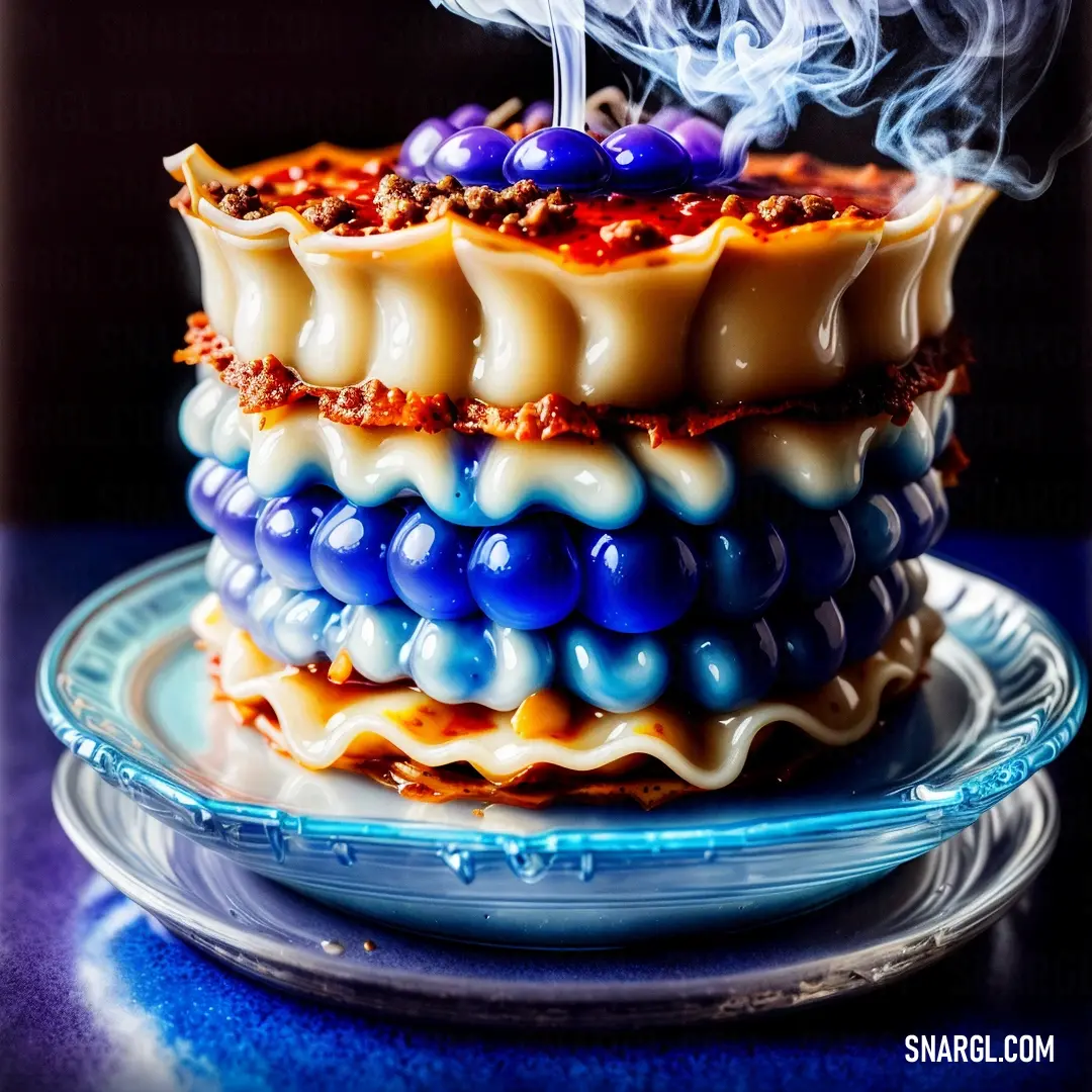 Cake with a candle on top of it on a plate with smoke coming out of it and a blue plate