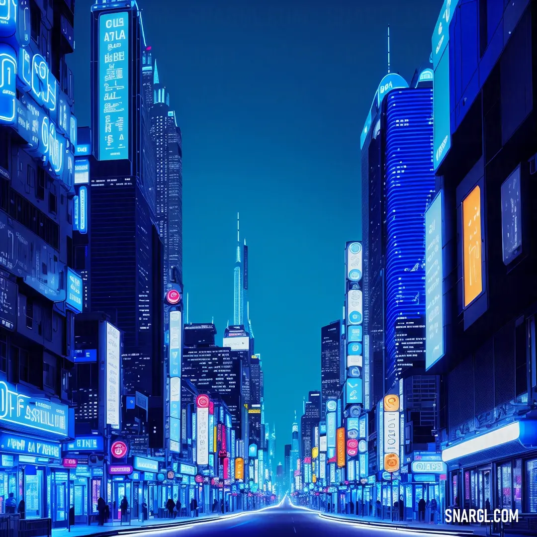 City street with a lot of tall buildings and neon lights on it at night time with a blue sky. Example of #273BE2 color.