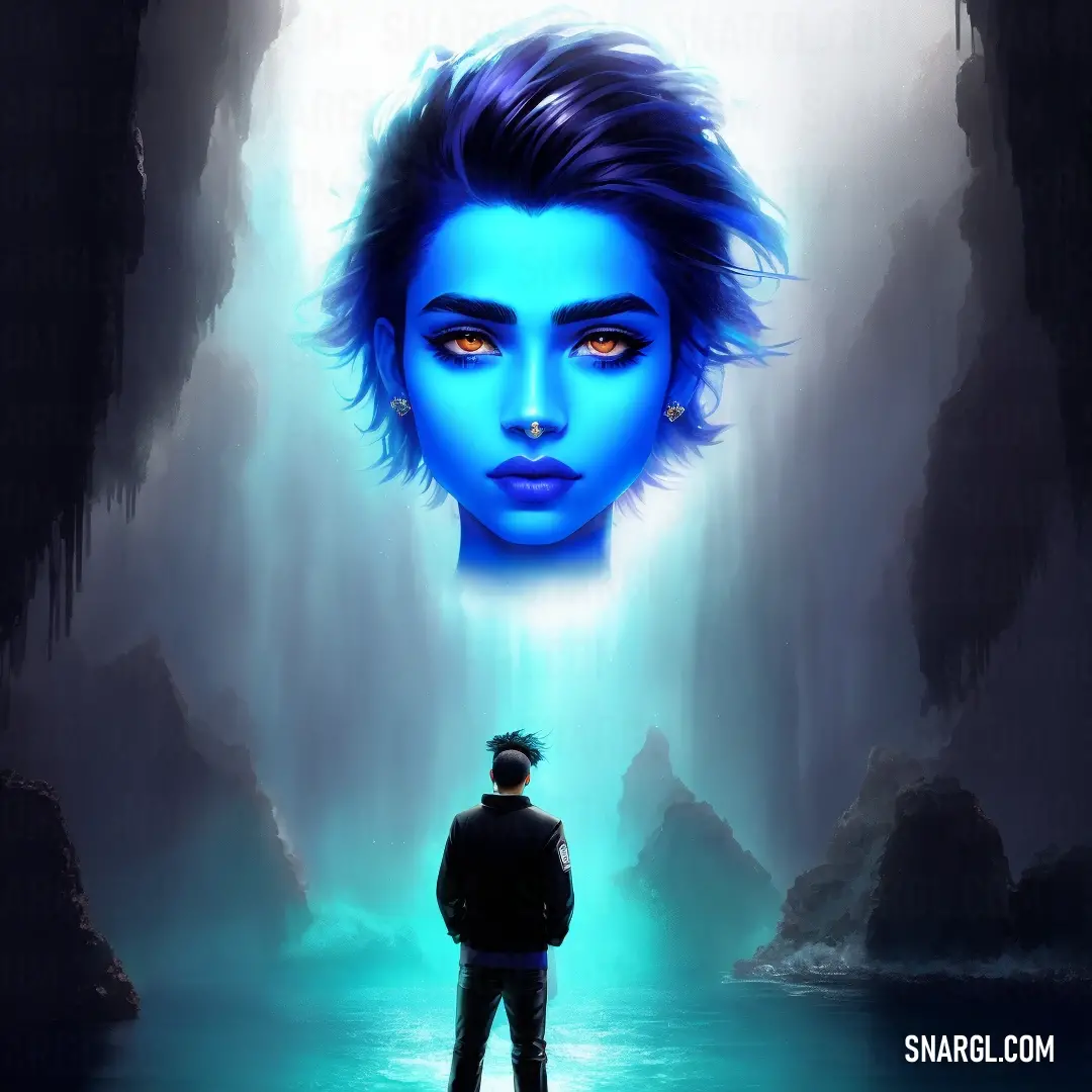 Man standing in front of a waterfall with a blue face and a halo around his head. Example of CMYK 83,74,0,11 color.