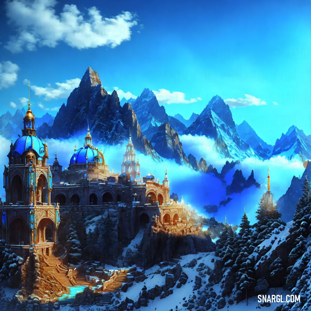 Painting of a castle in the mountains with a blue sky and clouds above it