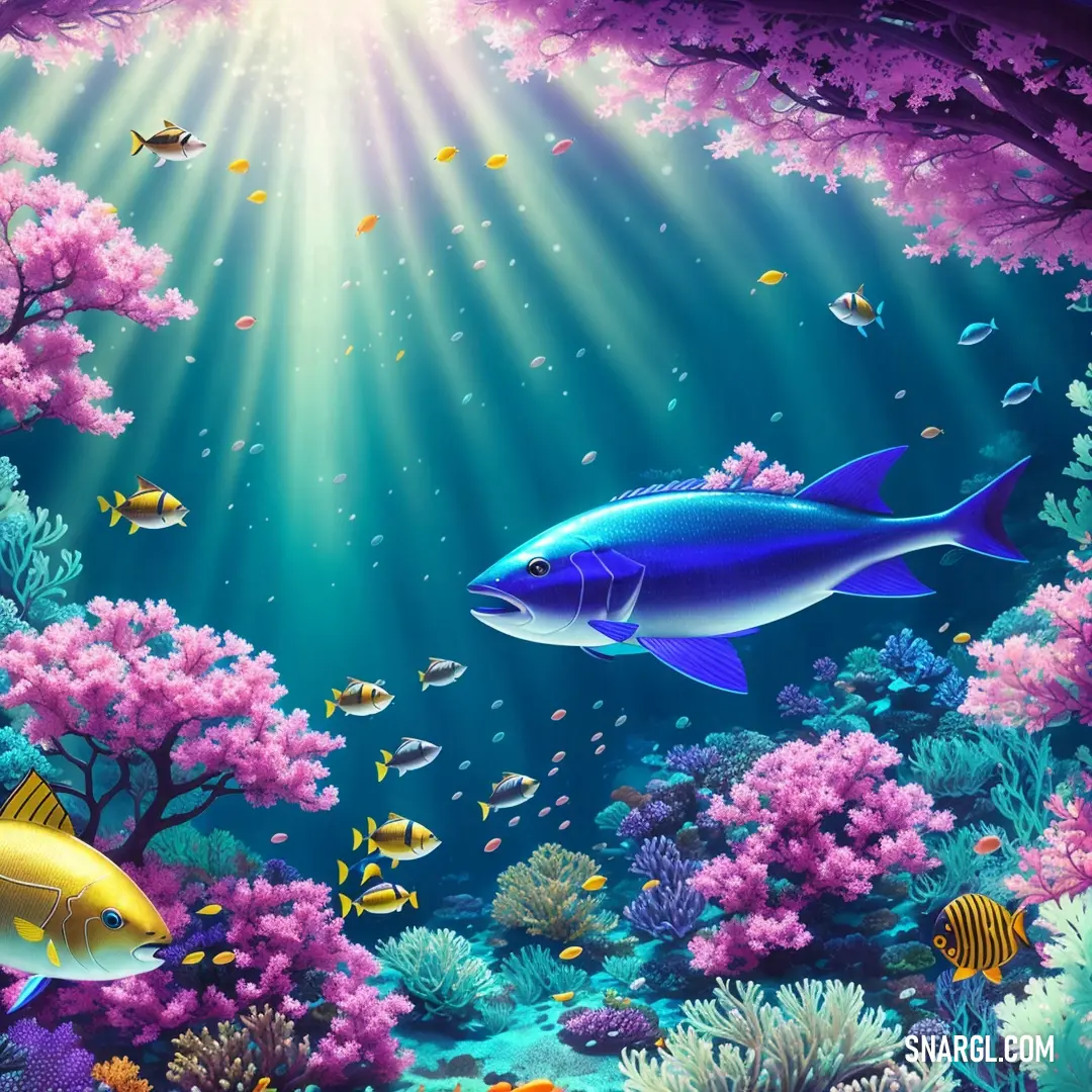 Painting of a fish and corals under water with sunlight coming through the water's surface