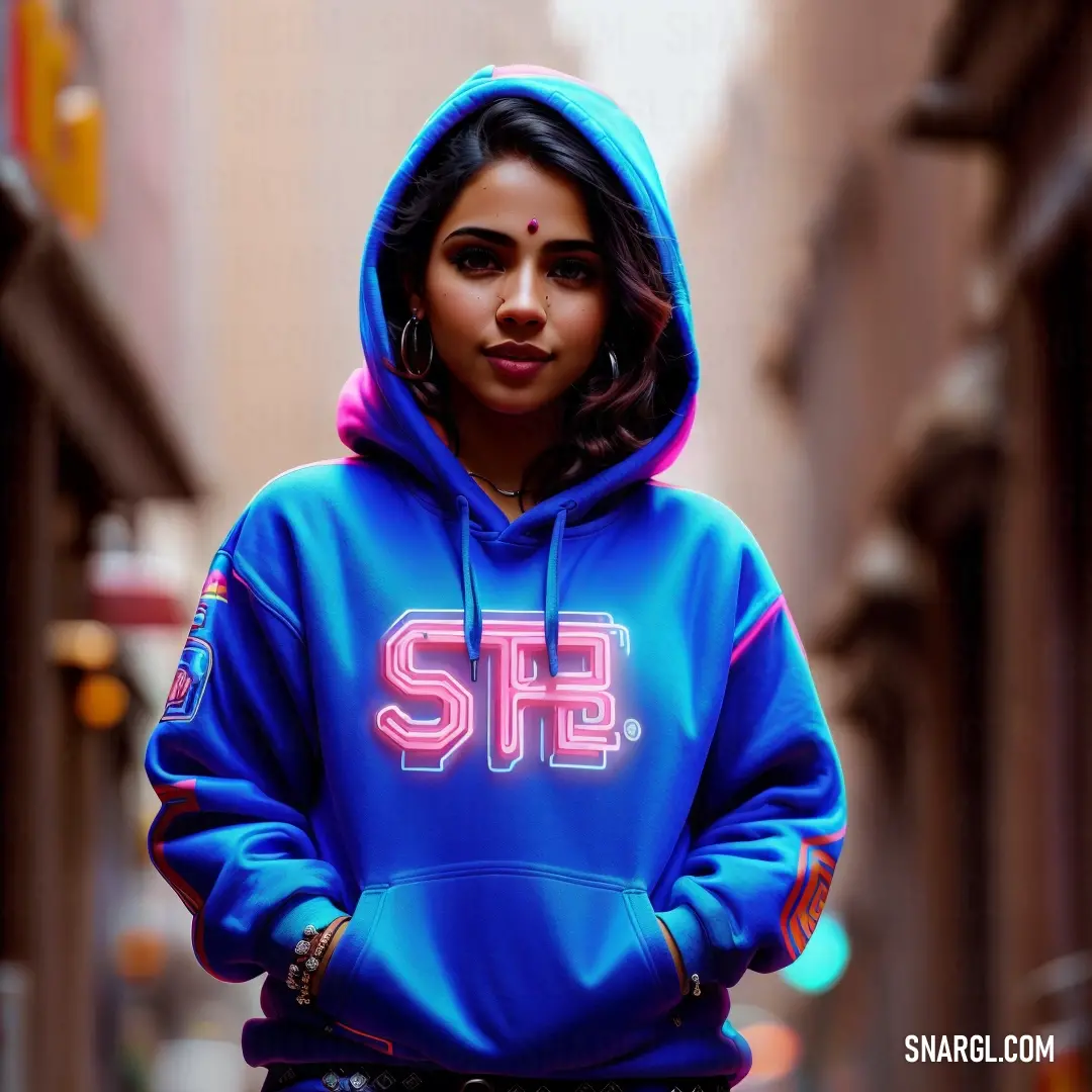 Woman in a blue hoodie is standing on a street corner with her hands in her pockets and looking at the camera