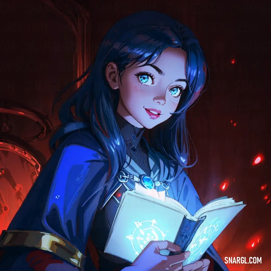 Woman in a blue outfit holding a book in her hands and looking at the camera with a glowing light on her face