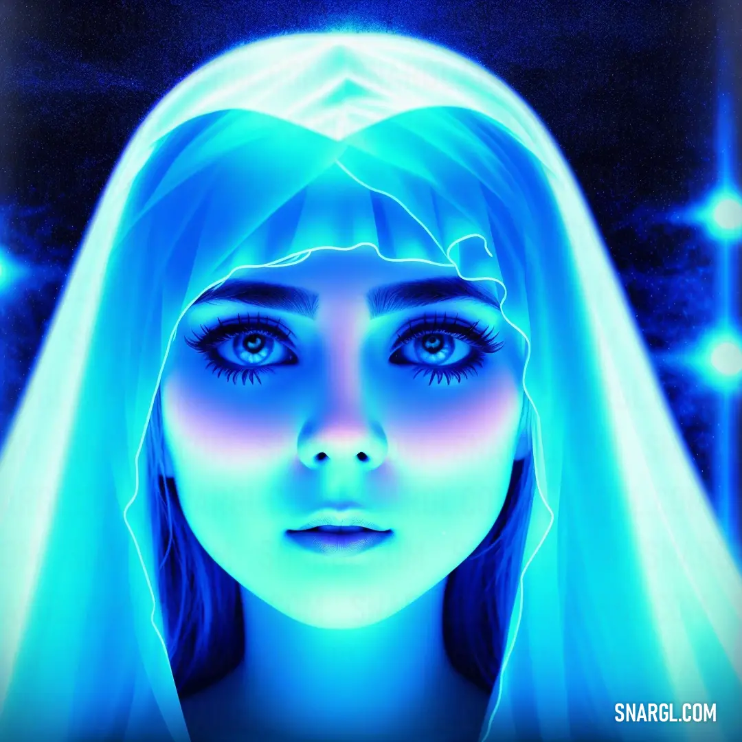 Woman with blue hair and a veil on her head is staring at the camera with a blue light shining on her face