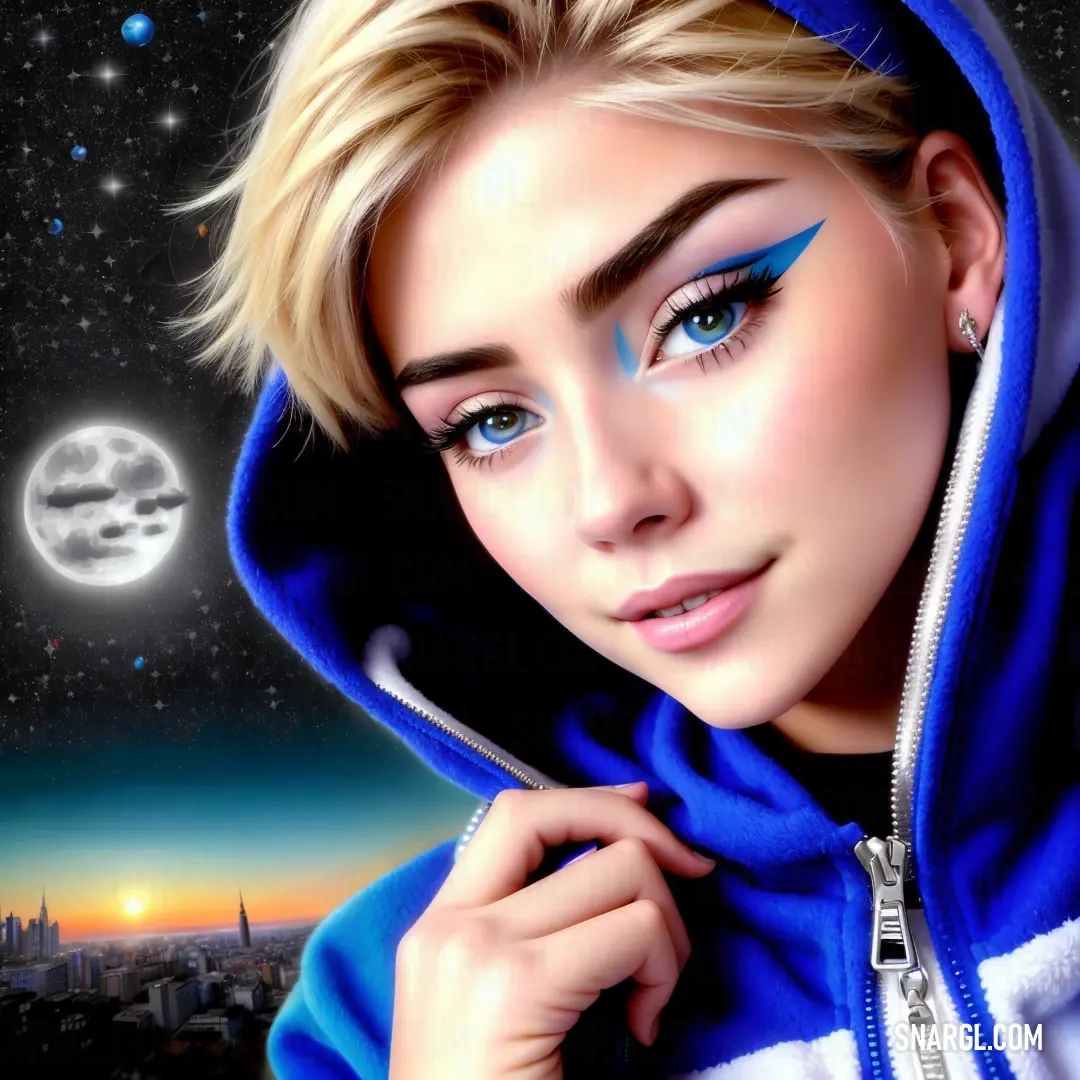 Woman with blue makeup and a hoodie on is looking at the camera with a city in the background
