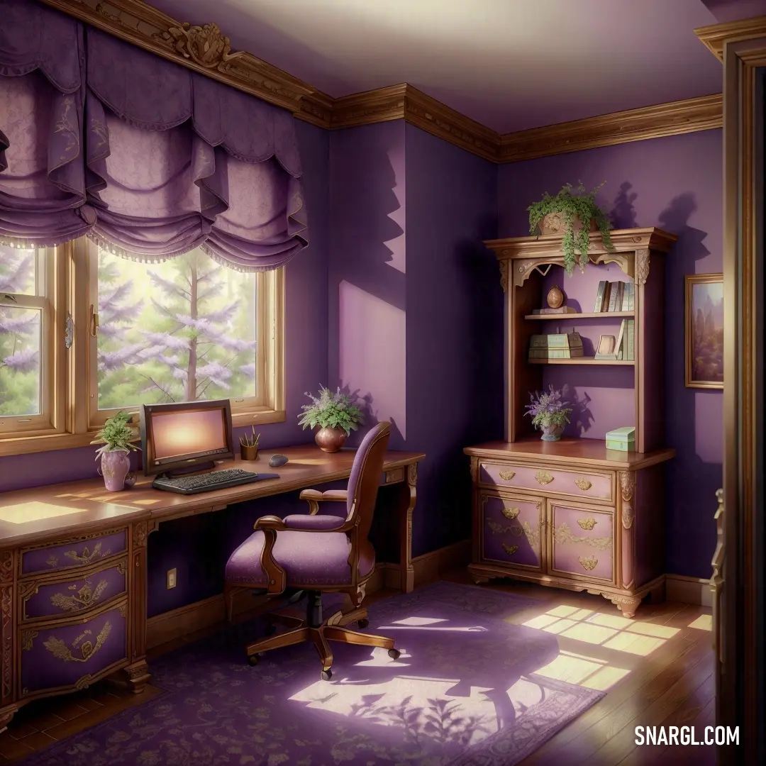 Computer desk in a purple room next to a window with a purple curtain on it. Color #682860.