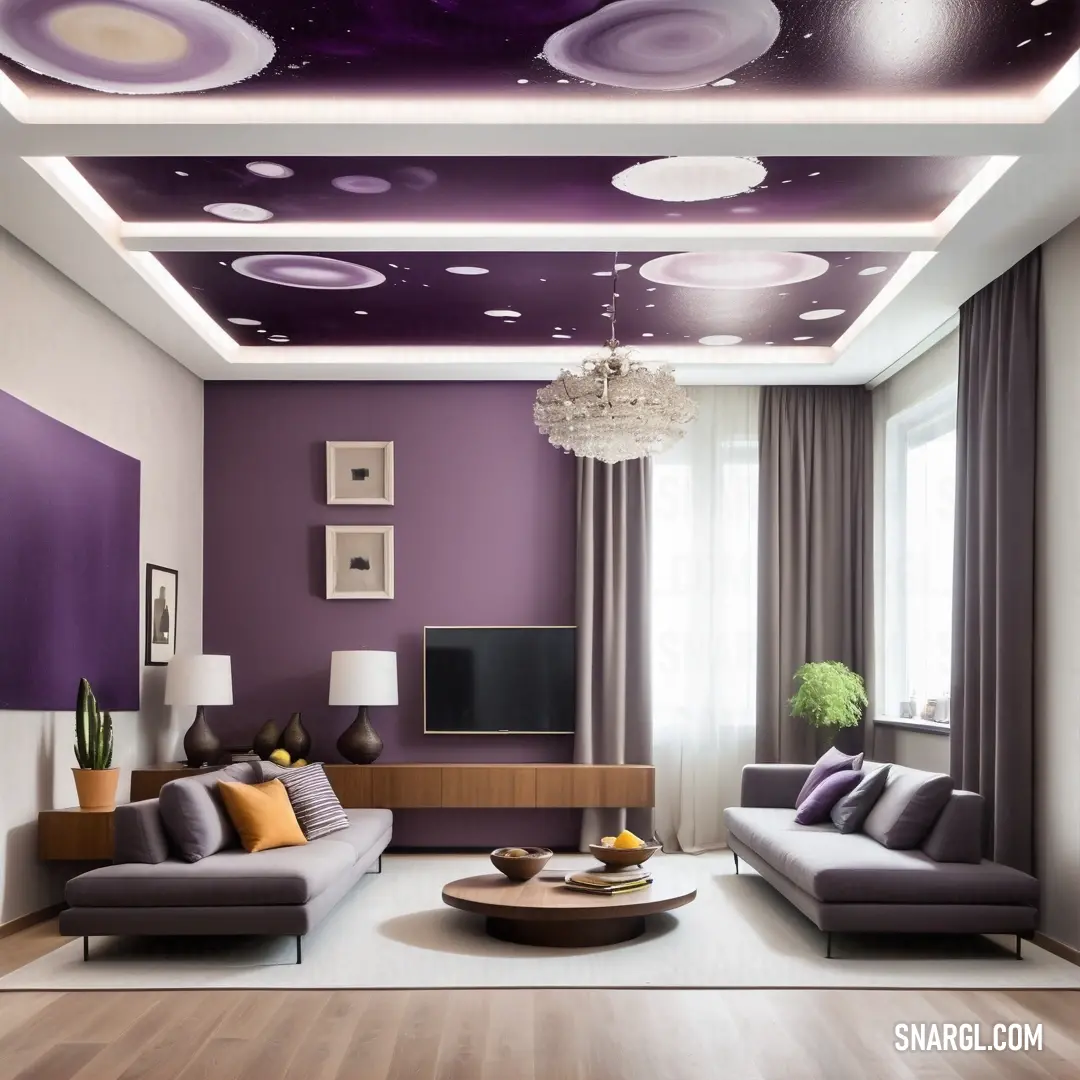 Living room with a purple ceiling and a white couch and chair and a table with a vase on it. Example of CMYK 0,62,8,59 color.