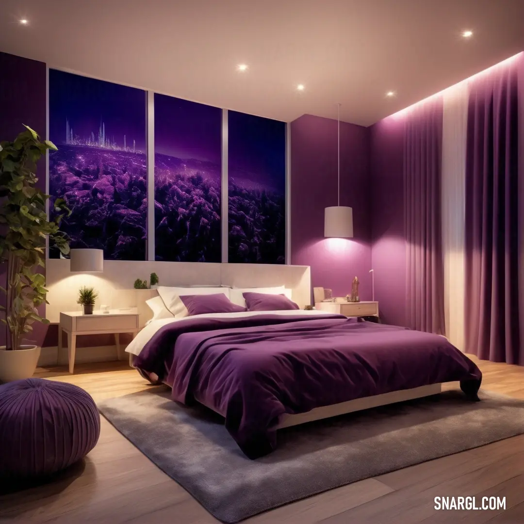 Bedroom with a purple wall and a large bed with purple sheets and pillows and a purple blanket on the floor. Color RGB 104,40,96.