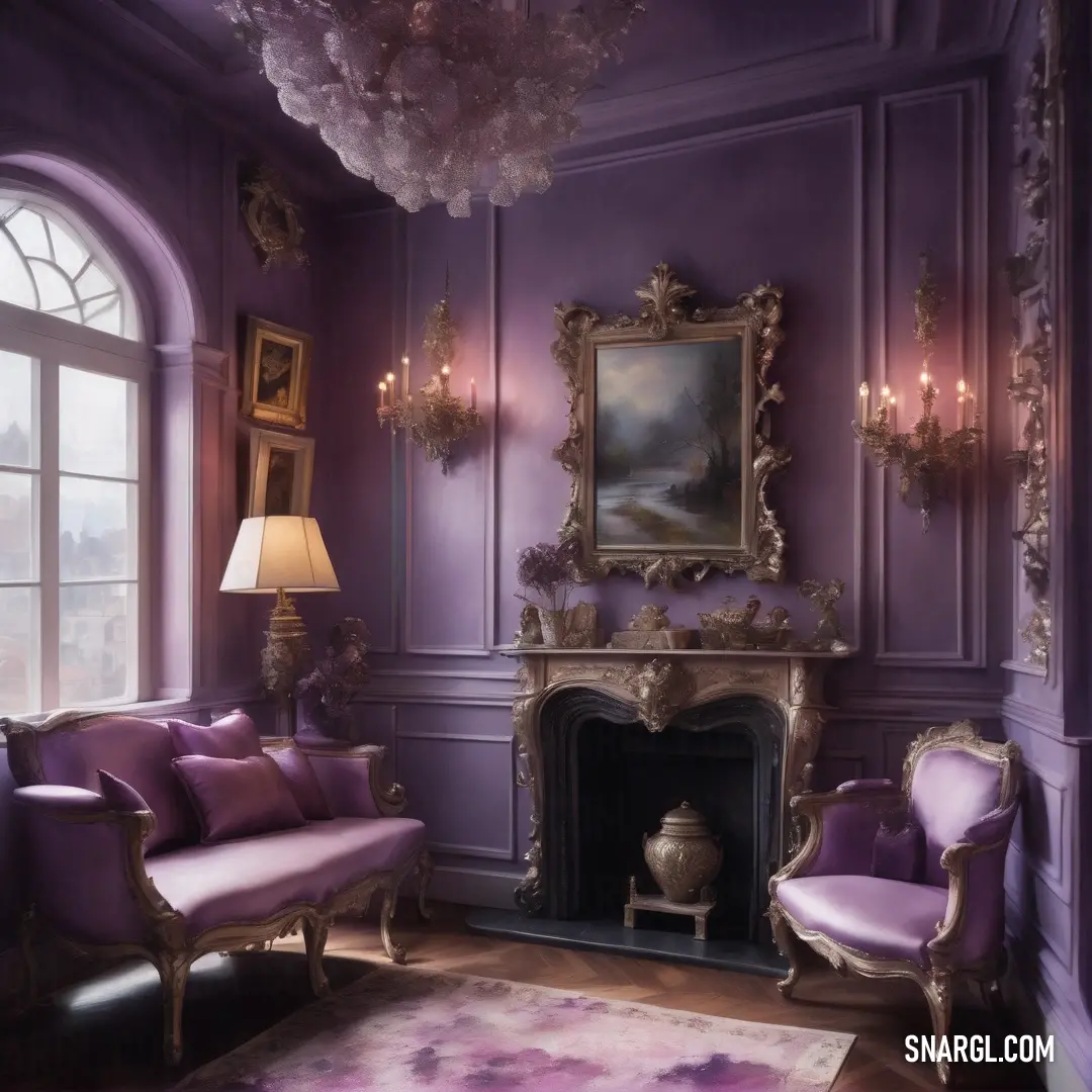 Living room with purple walls and a fireplace with a painting on it's mantle and a chandelier. Example of Palatinate purple color.