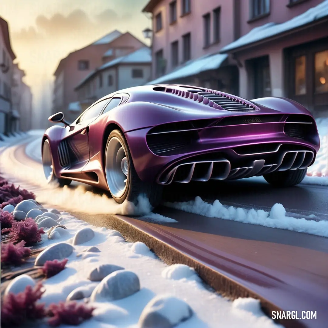 Purple car driving down a snowy road next to a building and trees with snow on the ground. Color Palatinate purple.