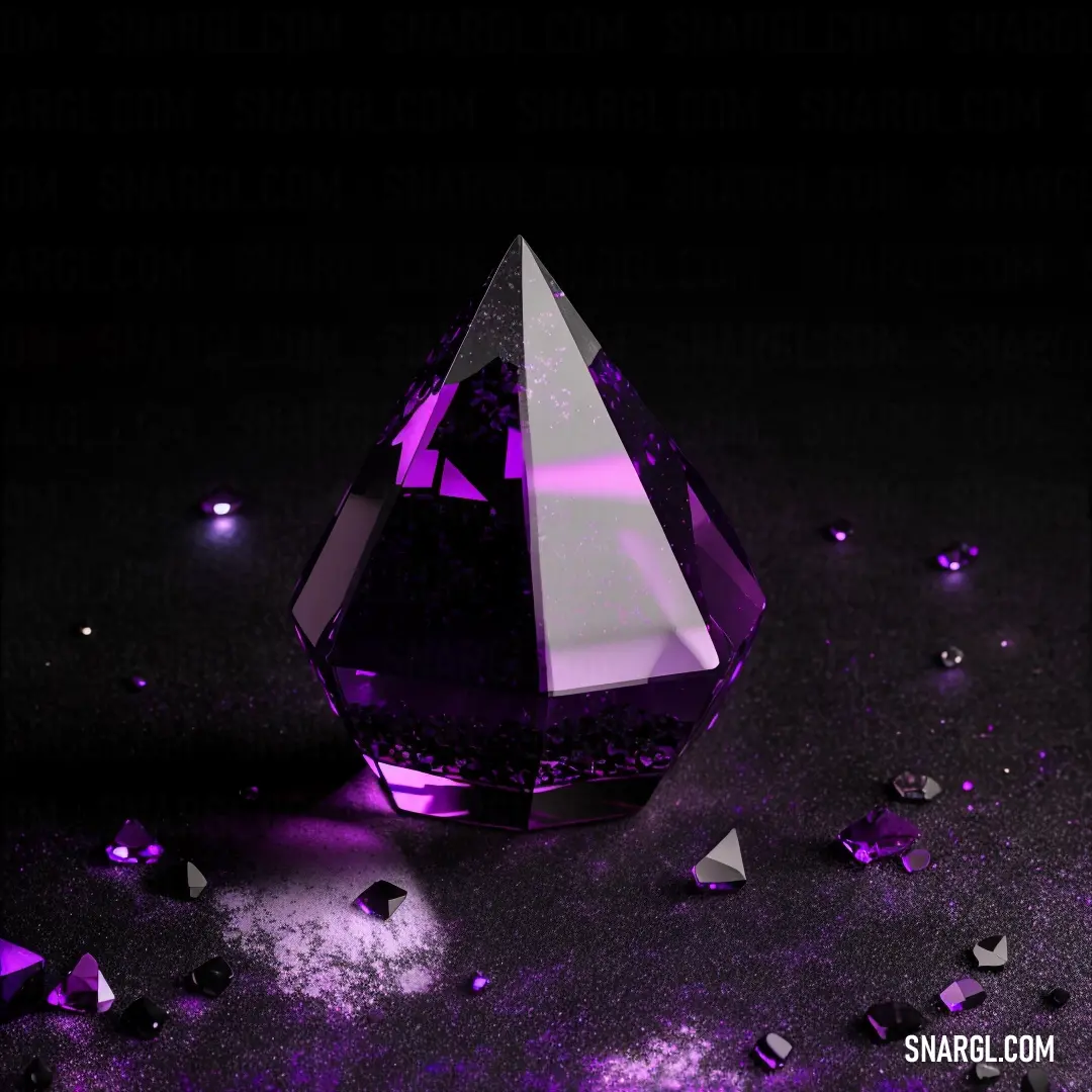 Purple diamond on a black surface with purple and white confetti around it. Color Palatinate purple.