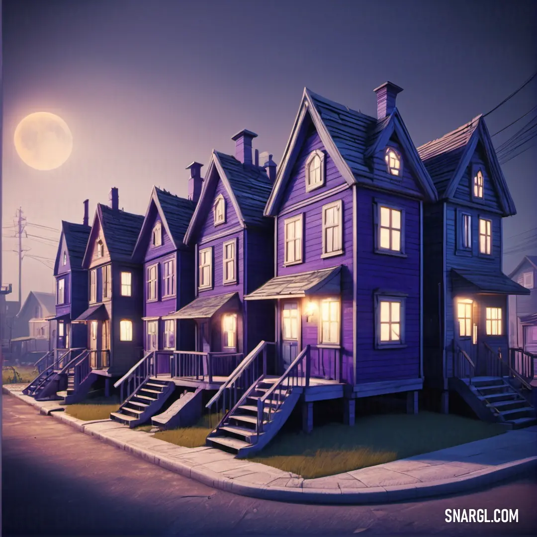 Row of purple houses with stairs leading to them at night time with the moon in the background. Example of RGB 104,40,96 color.