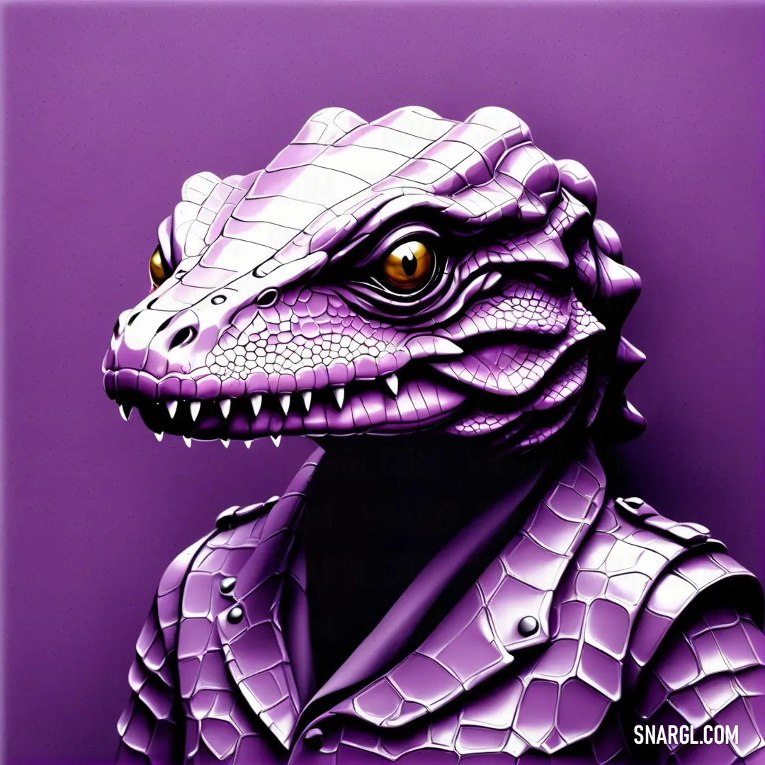 Purple picture of a dinosaur wearing a suit and tie with a purple background. Example of Palatinate purple color.