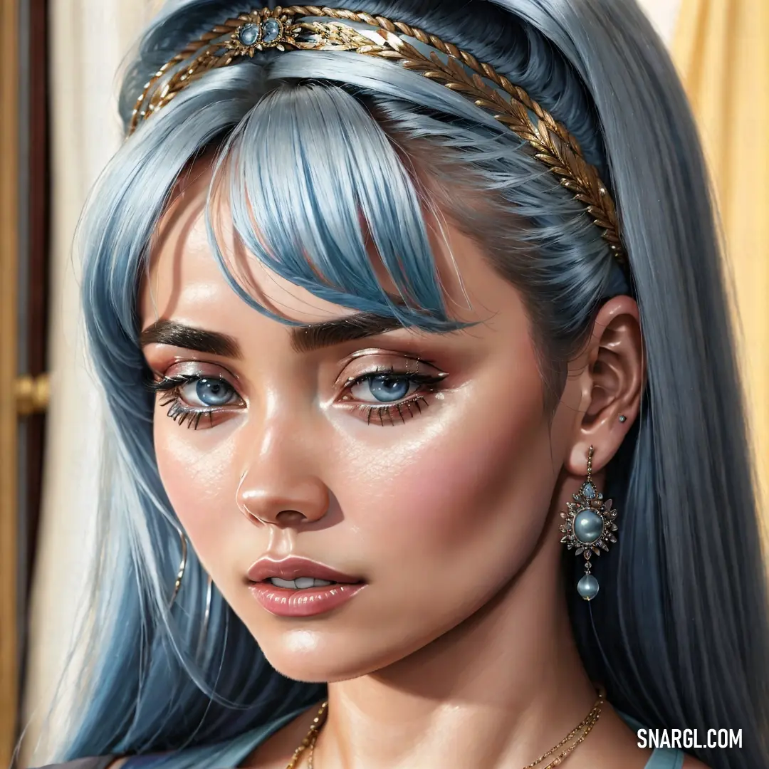 Digital painting of a woman with blue hair and a headband with gold chains on her head and a necklace with pearls