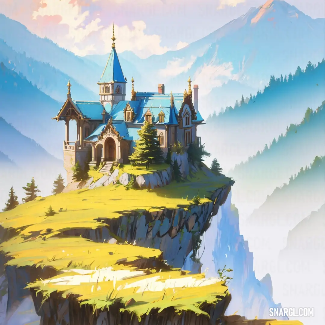 Painting of a castle on a mountain with a sky background and clouds above it