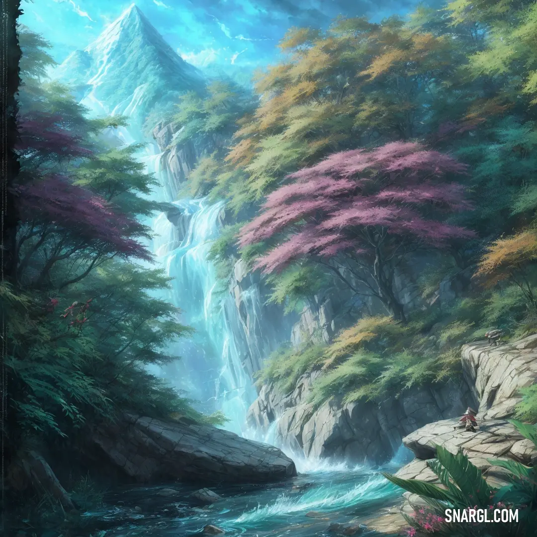 Painting of a waterfall in a forest with a man on a rock in the middle of the stream