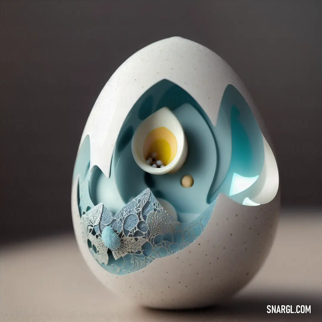 White and blue object with a yellow egg in it's center