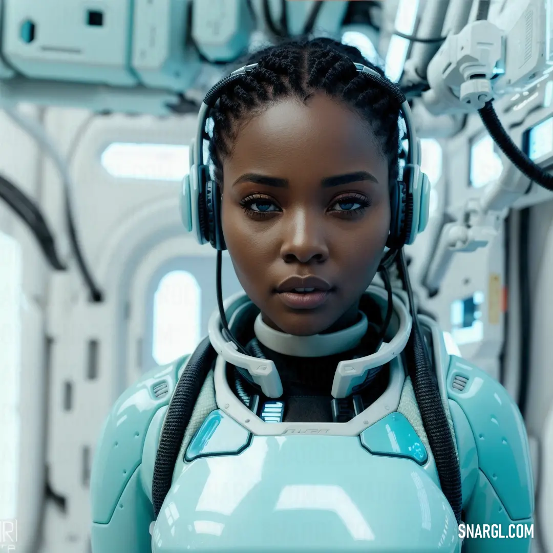 Woman in a blue suit with headphones on her head and a sci - fi