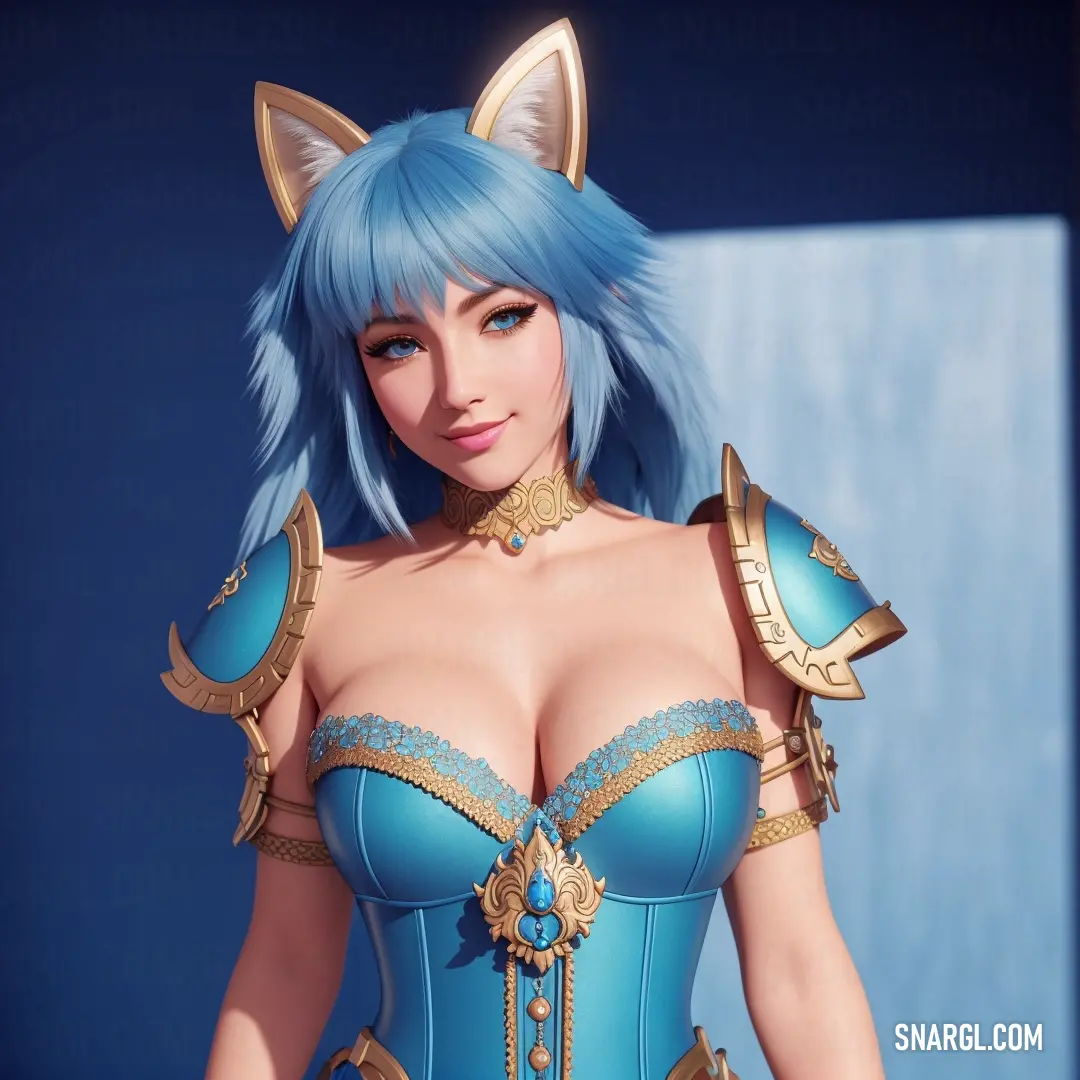 Woman with blue hair and a cat ears outfit is posing for a picture in a blue background