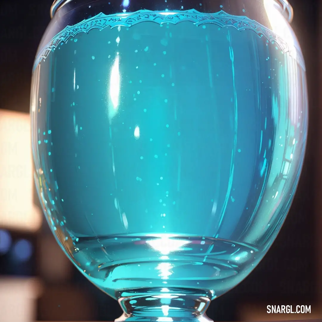 Blue glass filled with water on a table top with a light shining on it and a lamp in the background
