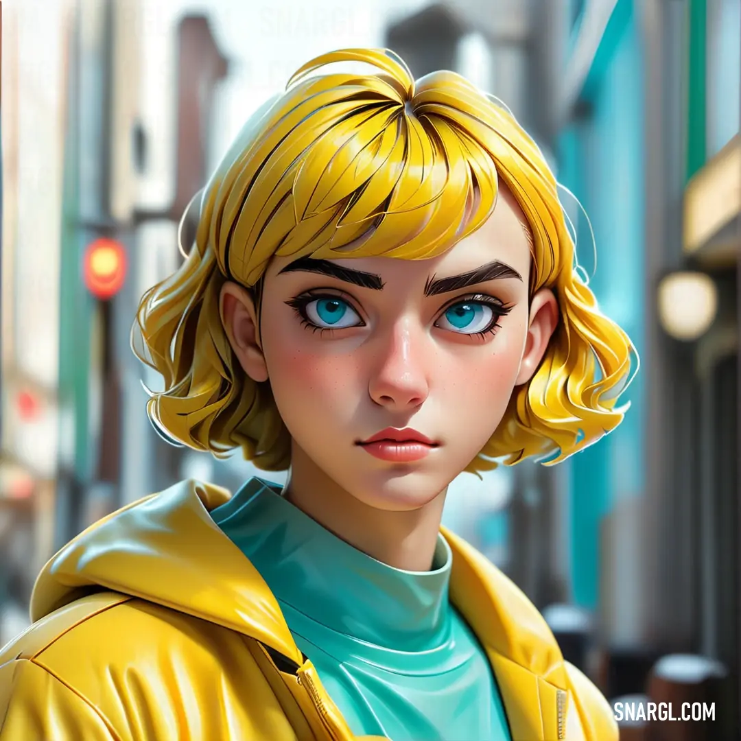 Digital painting of a woman in a yellow jacket and blue eyes