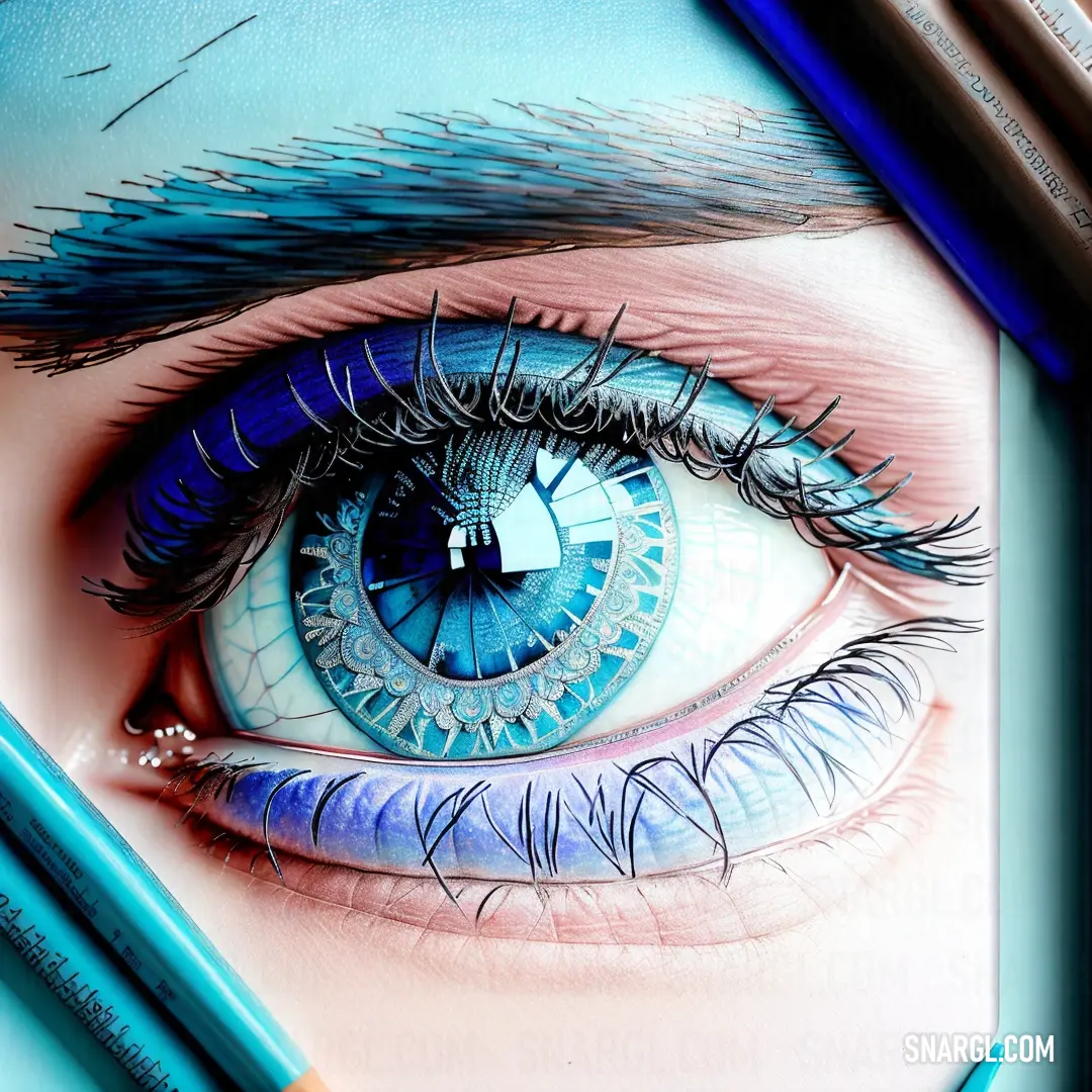 Drawing of a blue eye with a blue pencil in it's eye and a blue background