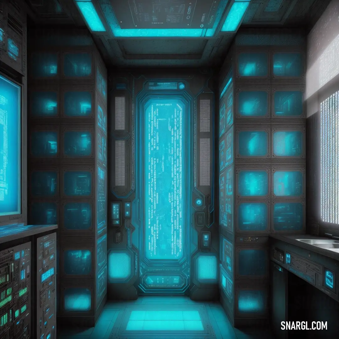 Futuristic room with a lot of blue lights and a lot of windows and a door that leads to another room