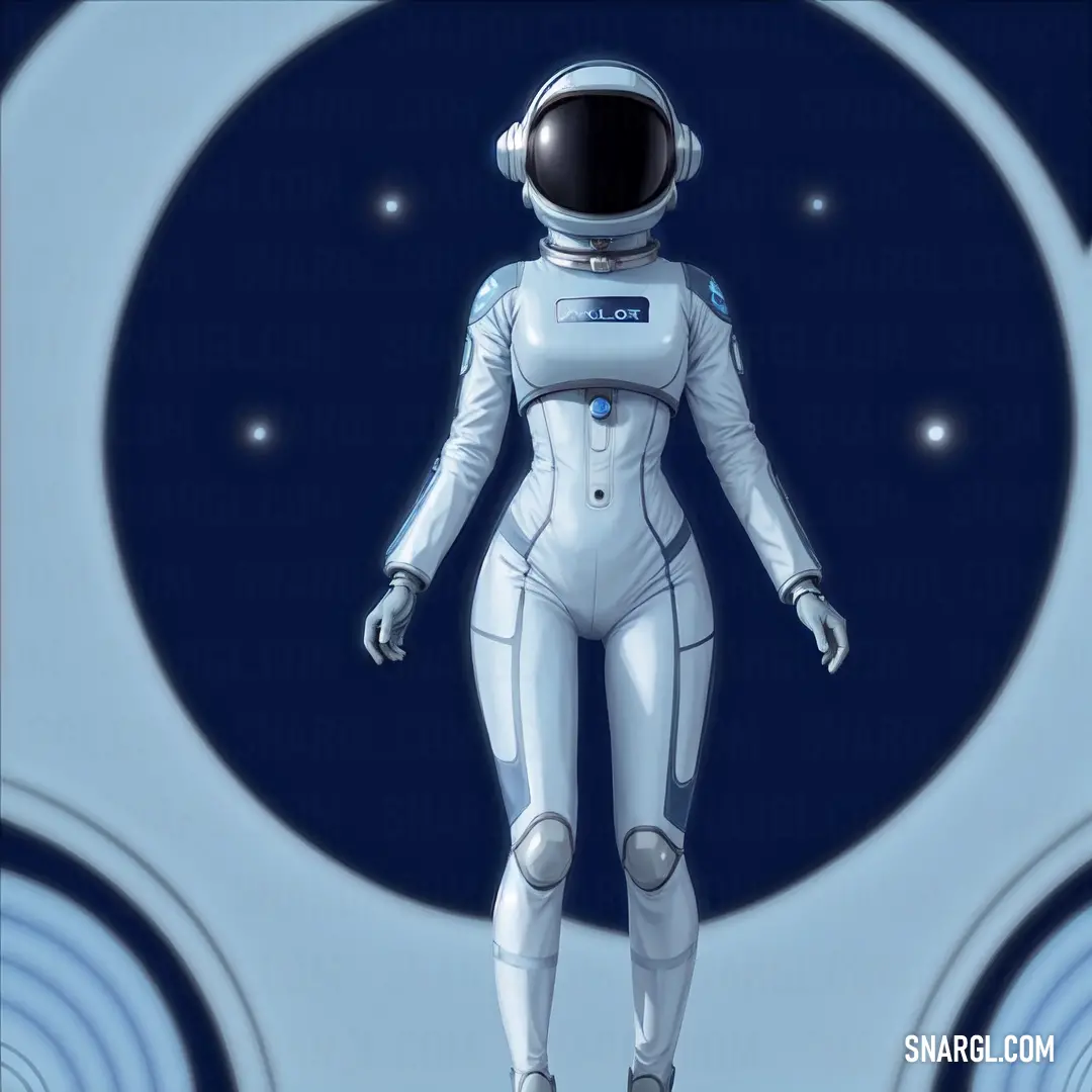 Futuristic woman in a space suit standing in front of a blue background with circles