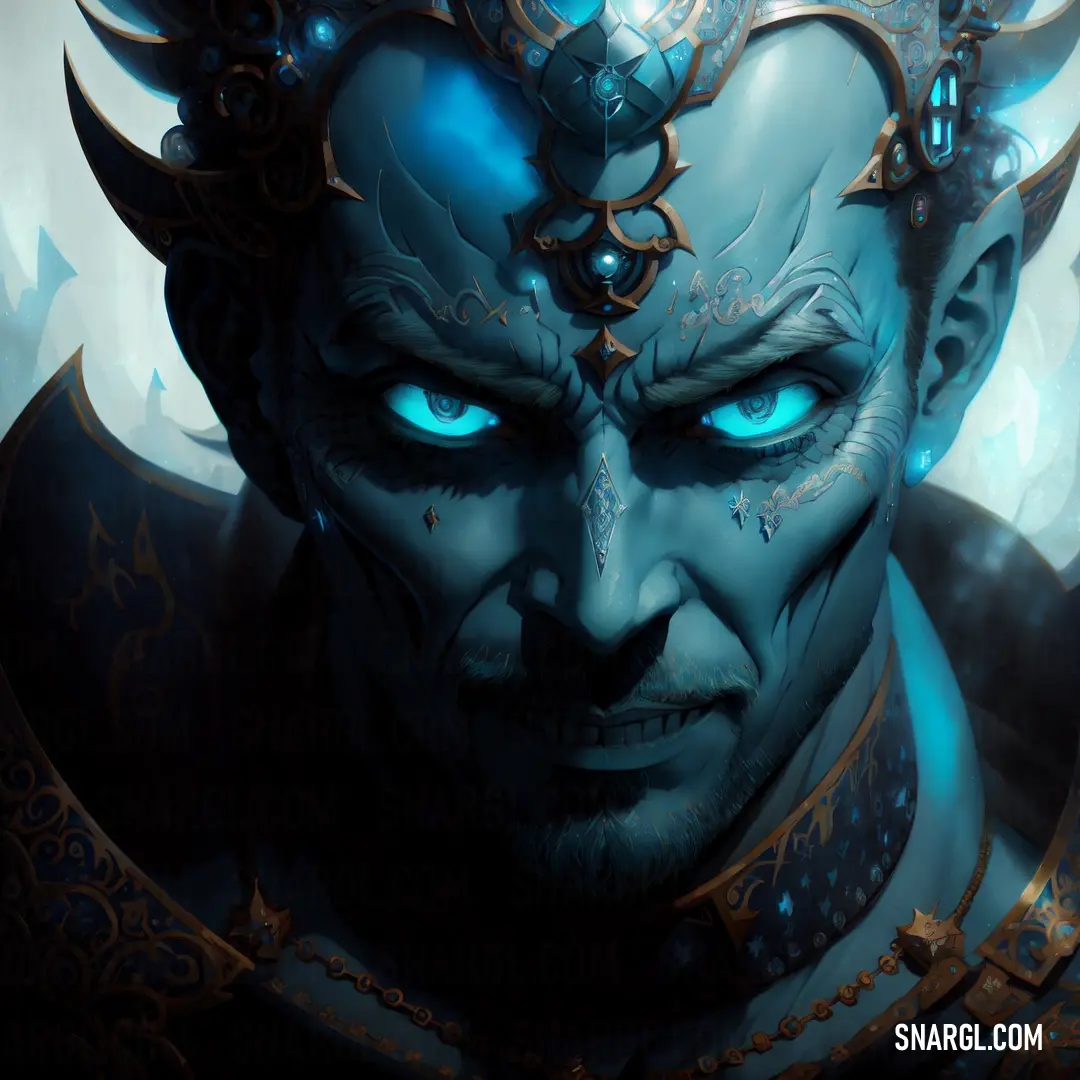Man with blue eyes and a demon like head with horns