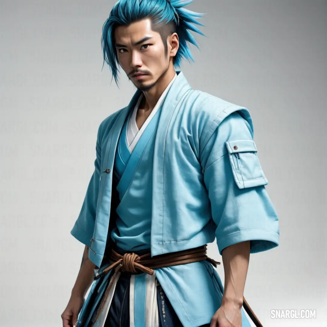Man with blue hair and a blue kimono is holding a sword and looking at the camera with a serious look on his face