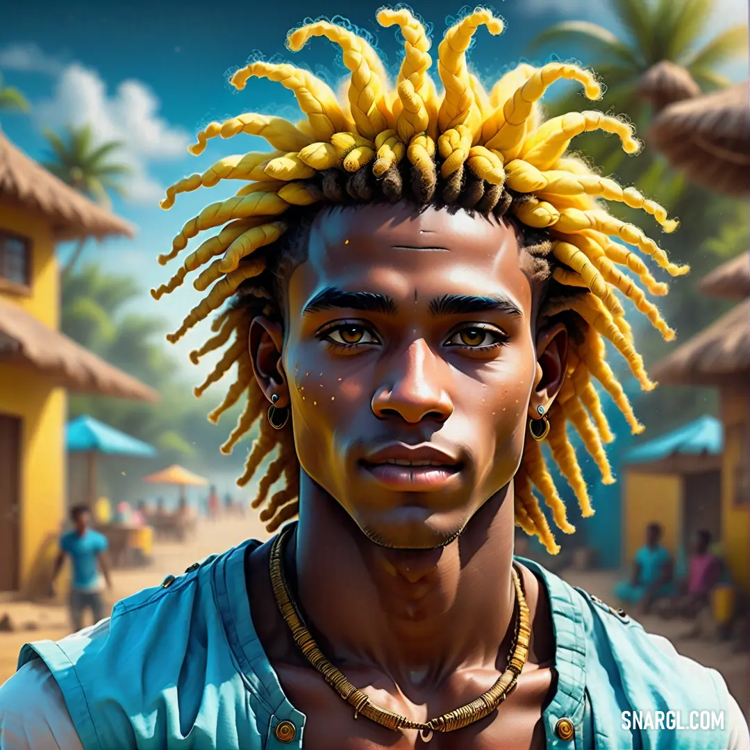 Man with dreadlocks on his head and a blue shirt on his shirt is standing in front of a yellow house. Example of RGB 175,238,238 color.