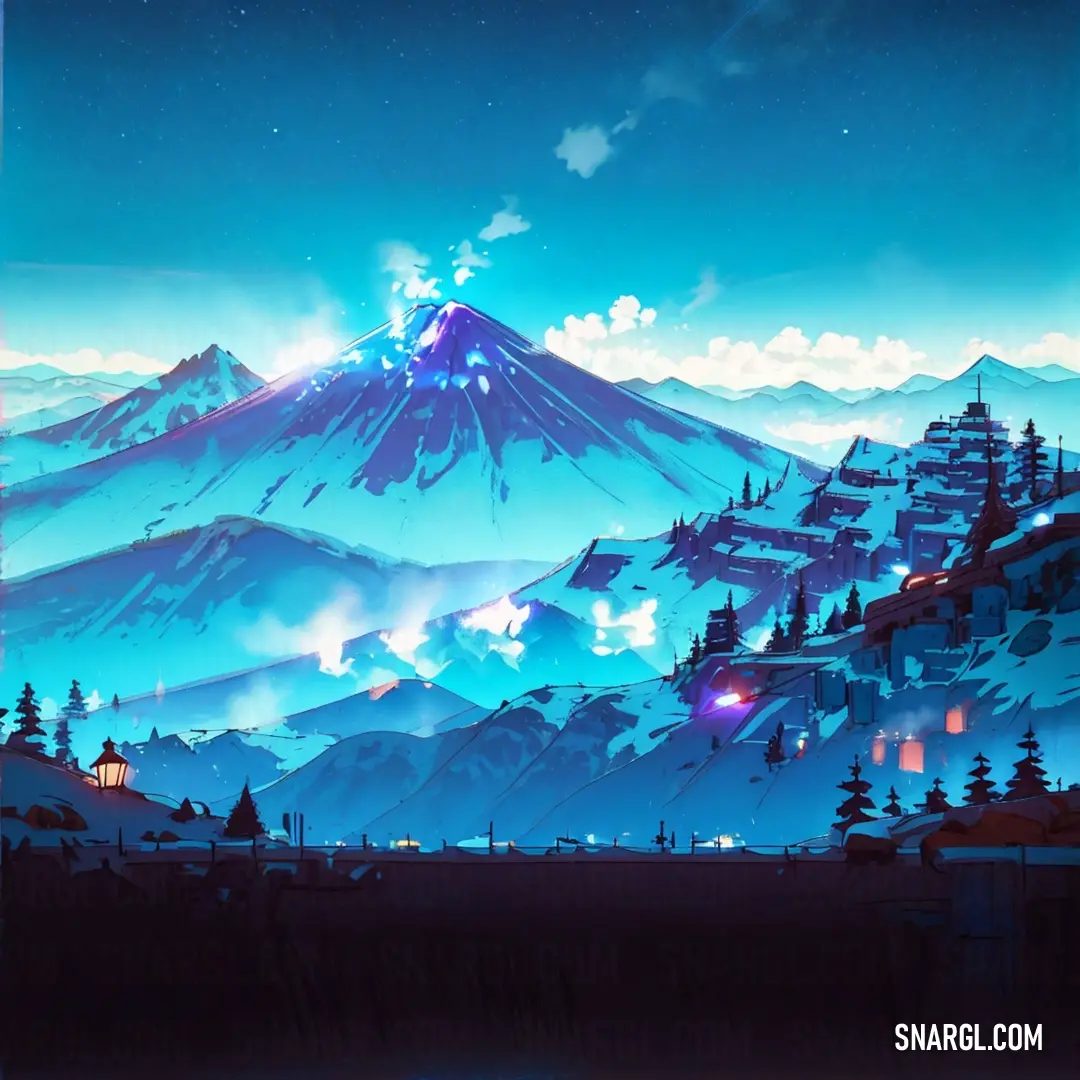 Painting of a mountain with a sky background and a city below it at night time with lights on