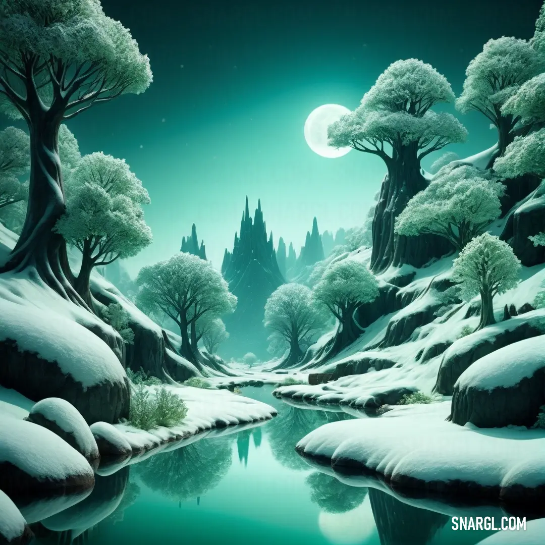 Painting of a snowy landscape with a river and trees in the foreground and a full moon in the background. Color #AFEEEE.
