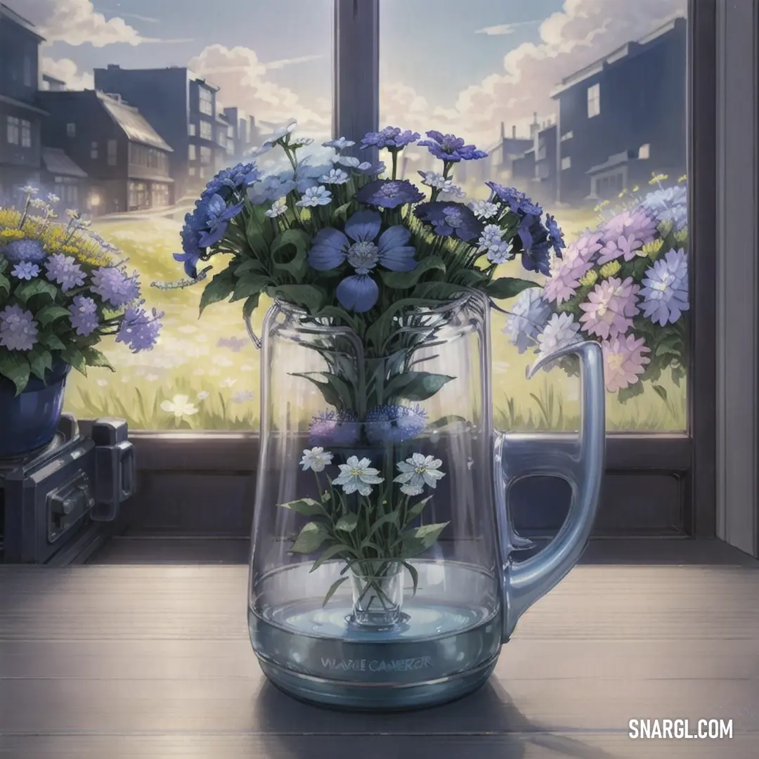 Painting of a vase with flowers in it on a table next to a window with a view of a field